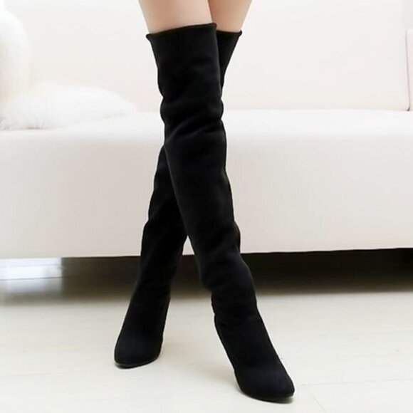 Mia SZ 6.5  Black Vegan Suede Over the knee boots Timeless Staple Sexy Retro - Picture 1 of 7